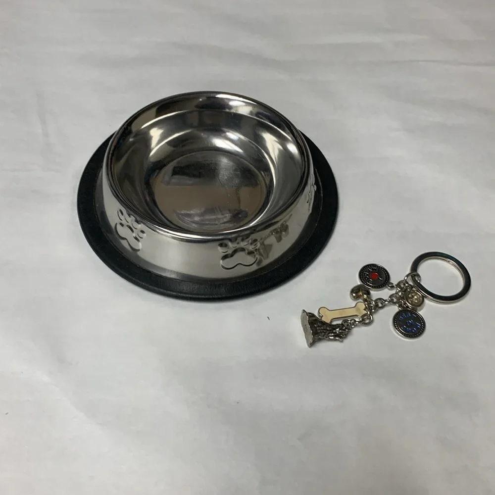 Stainless non skid Small Dog Dish With Raised Paws and key chain